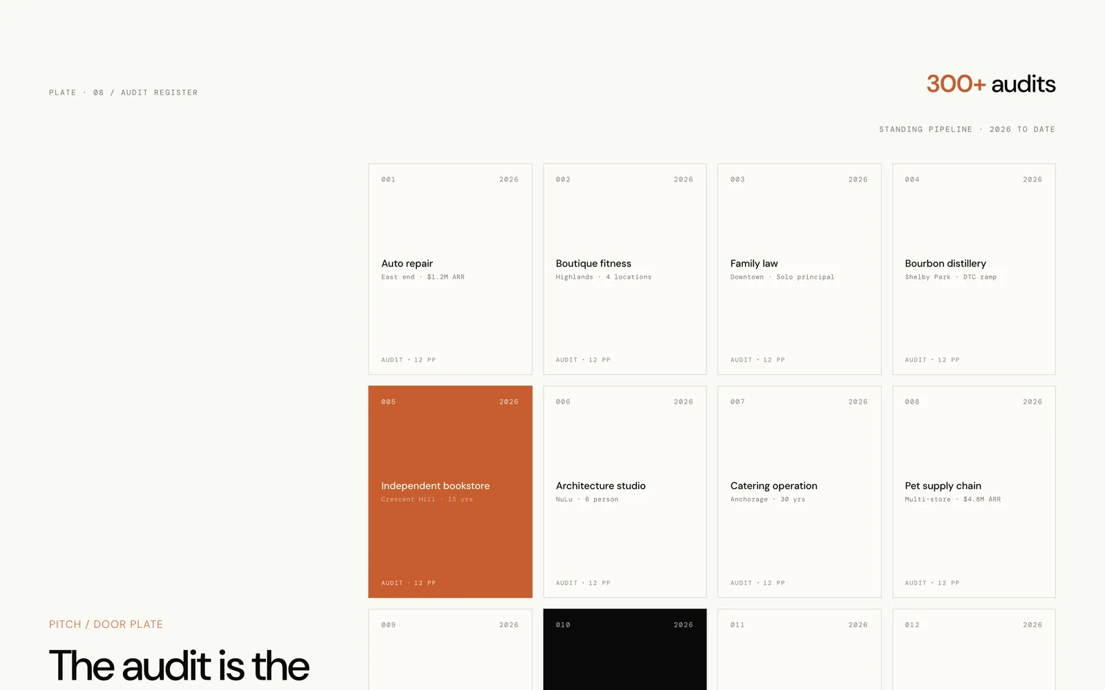 Audit register - twelve anonymized prospect covers in a four-by-three grid, two accent cells (copper and ink) breaking the field, with "300+ audits" headline.