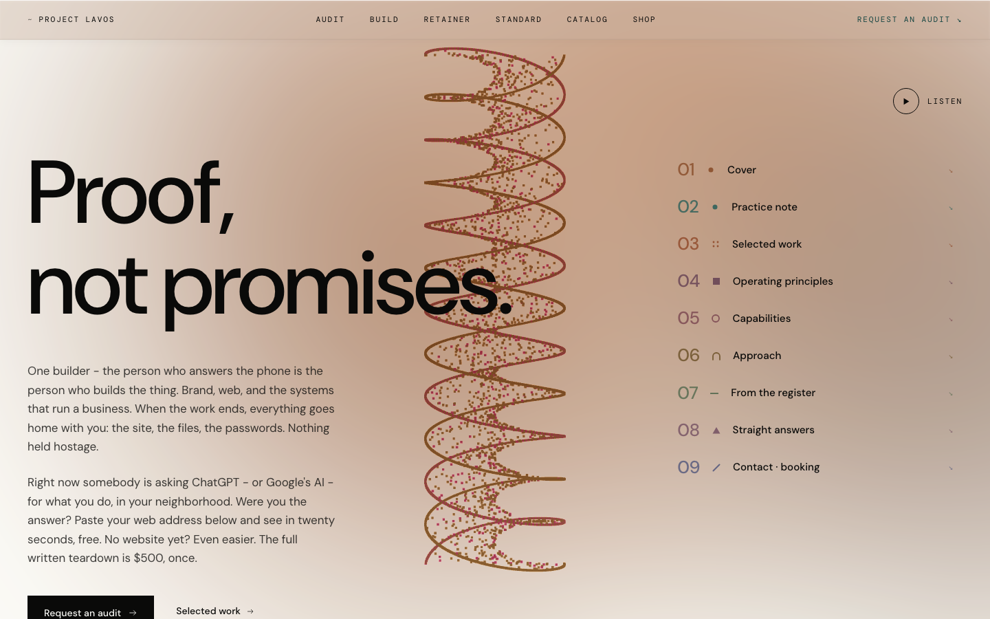 The Project Lavos homepage - "Proof, not promises" beside a generative helix, with the register of sections listed alongside.