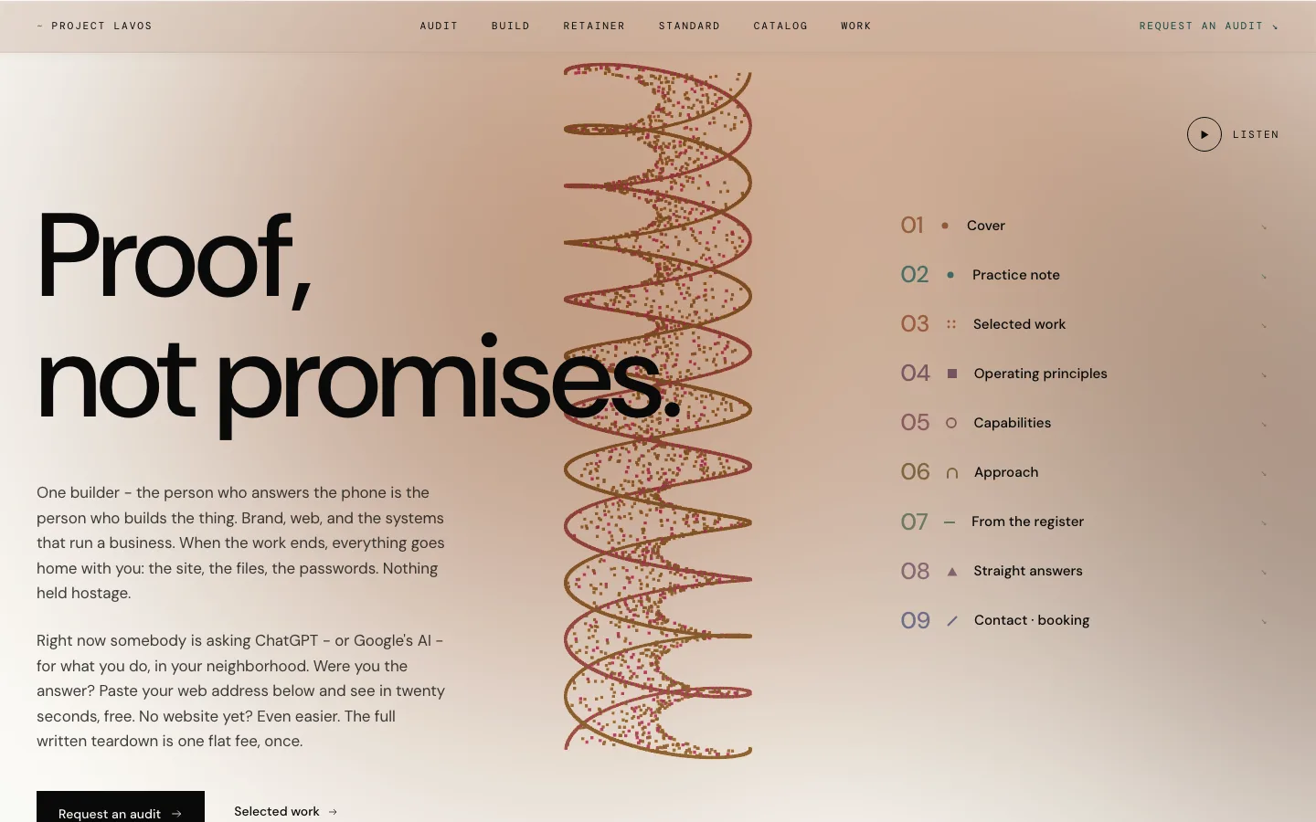 The Project Lavos homepage - "Proof, not promises" beside a generative helix, with the register of sections listed alongside.