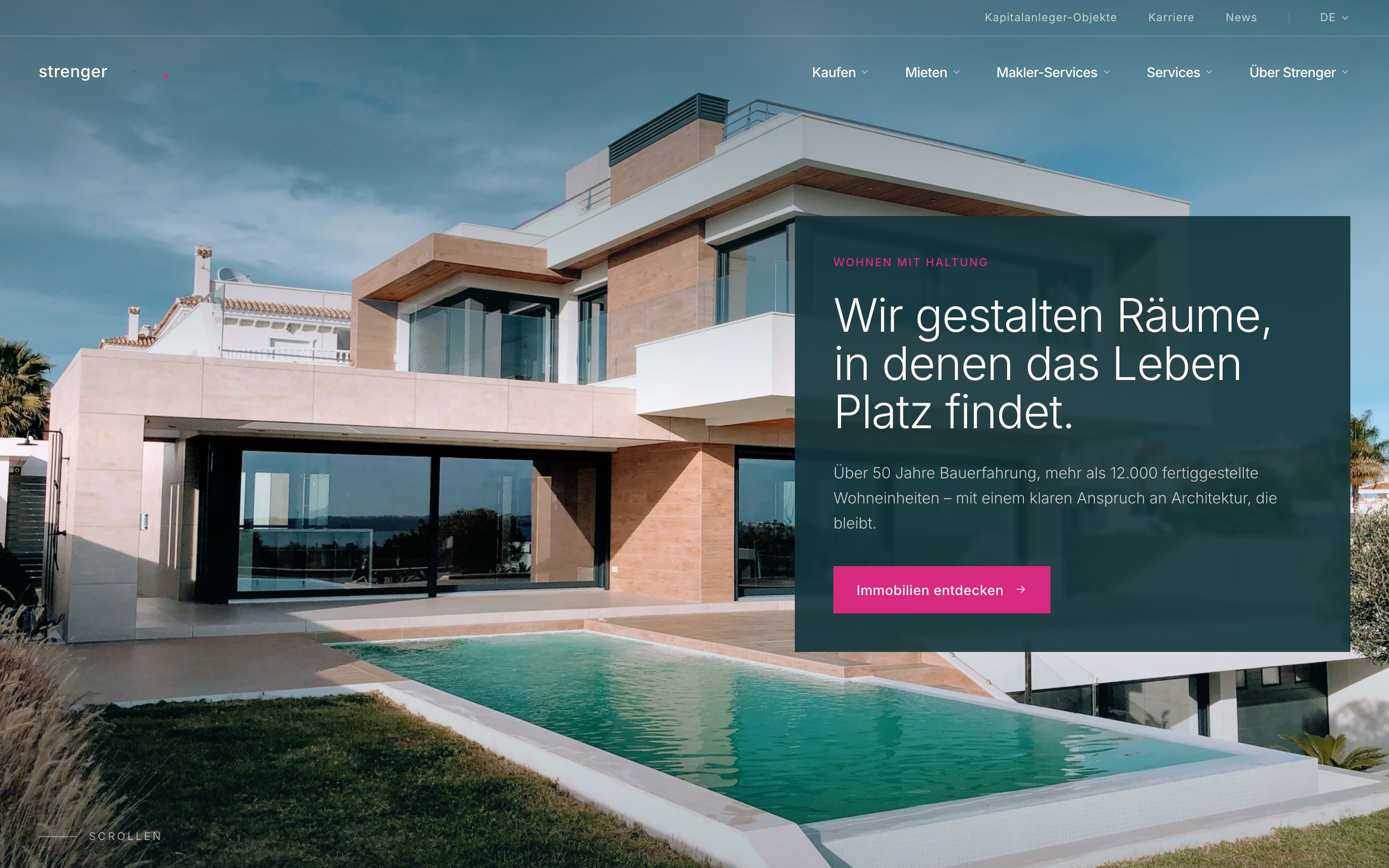 Hero panel of the deployed reimplementation — modernist residential photography with overlaid German-language CTA card in copper.