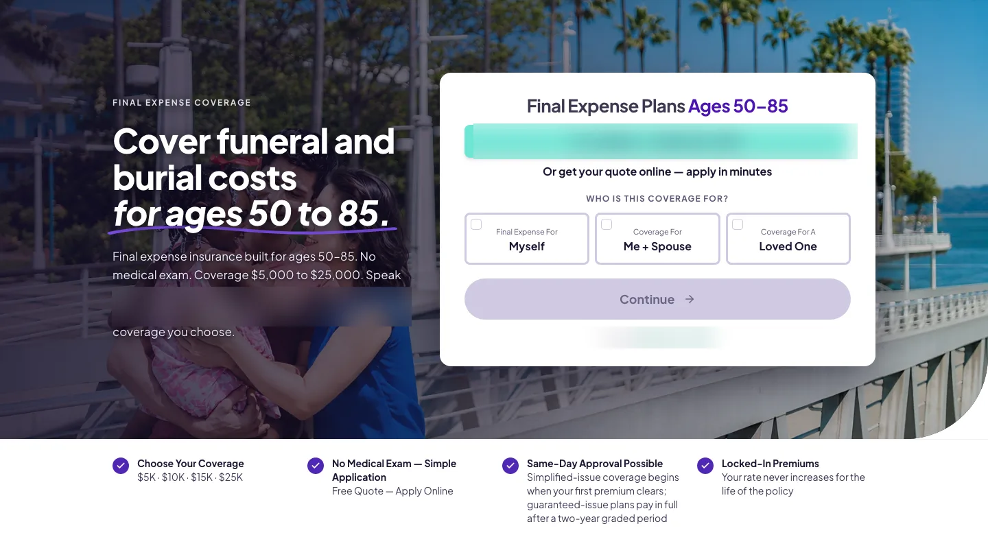 The live final-expense quote funnel - coverage selection step beside a call path, with licensing and TTY line stated in the header.
