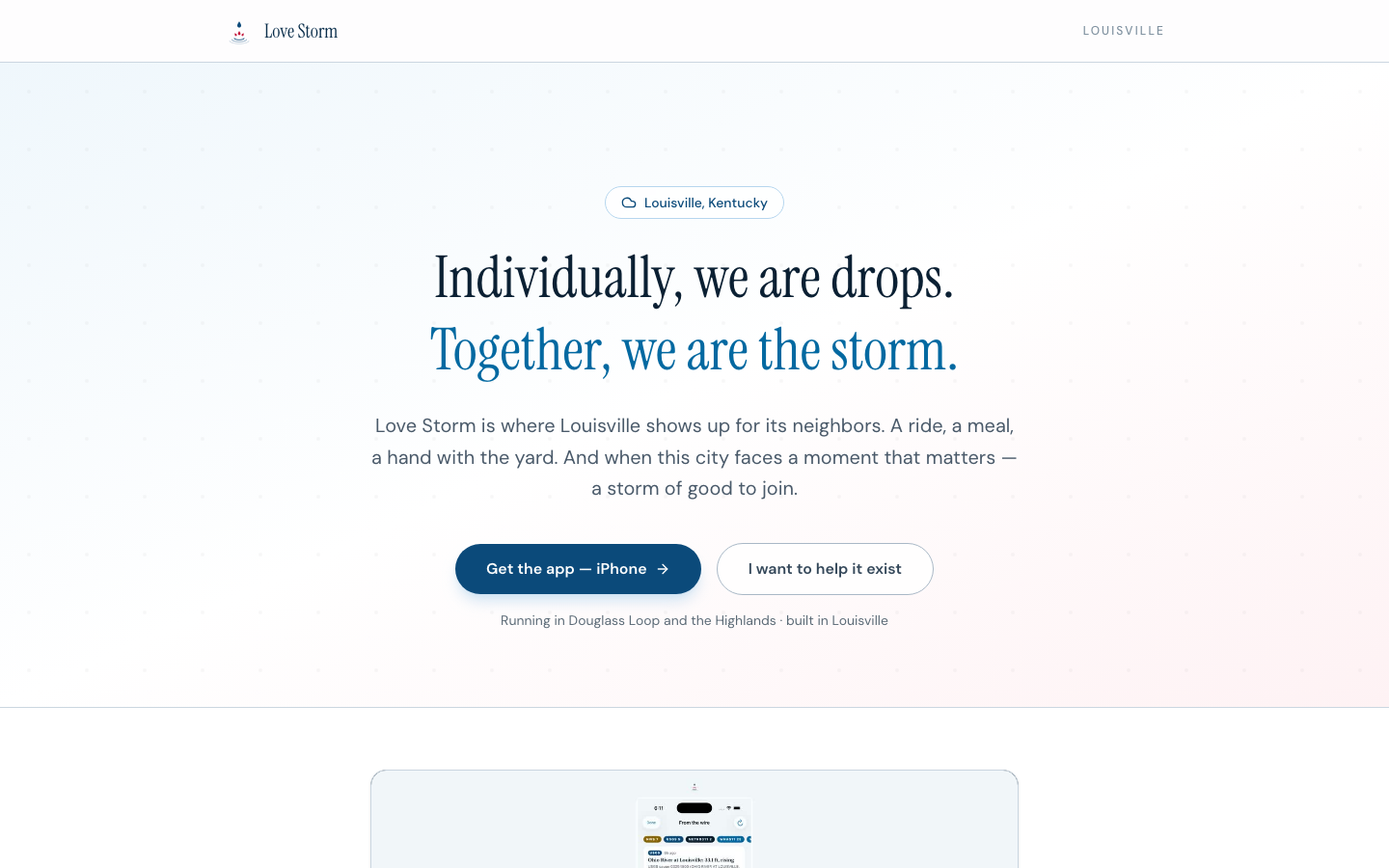 The Love Storm public site - "Individually, we are drops. Together, we are the storm." over the pilot footprint in Louisville.