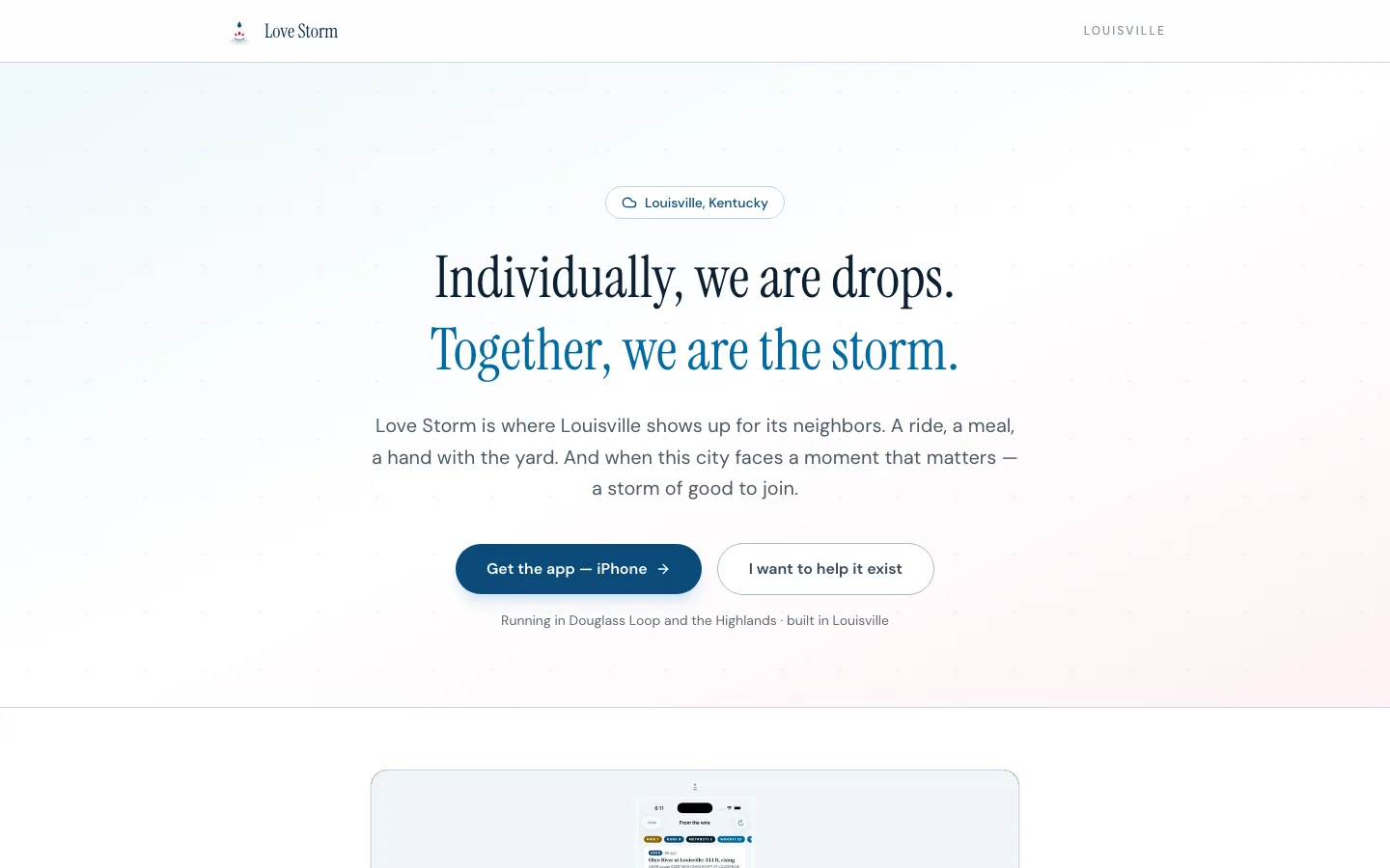The Love Storm public site - "Individually, we are drops. Together, we are the storm." over the pilot footprint in Louisville.