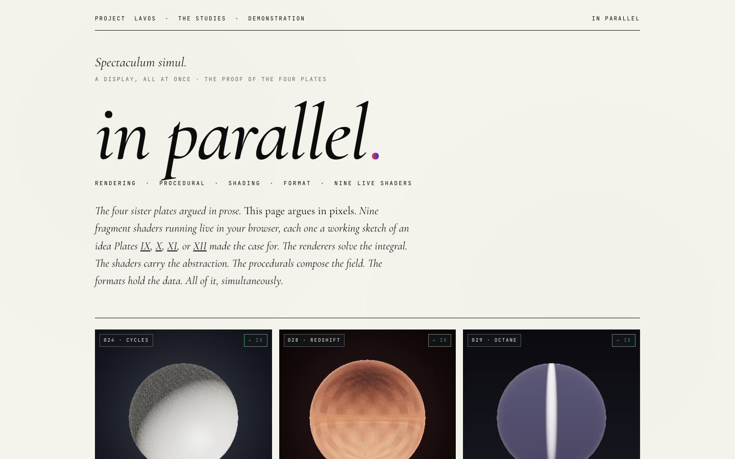 The "in parallel" specimen - nine fragment shaders running live in the browser, each a working sketch of an idea argued in an earlier plate.