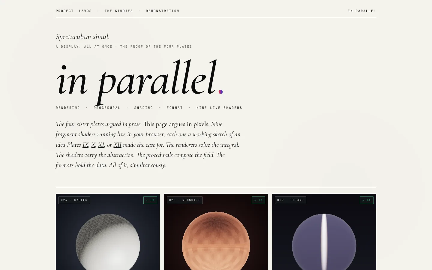 The "in parallel" specimen - nine fragment shaders running live in the browser, each a working sketch of an idea argued in an earlier plate.