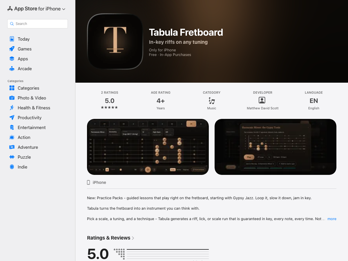 The Tabula Fretboard App Store listing - "In-key riffs on any tuning" with two in-app screenshots of the fretboard interface.