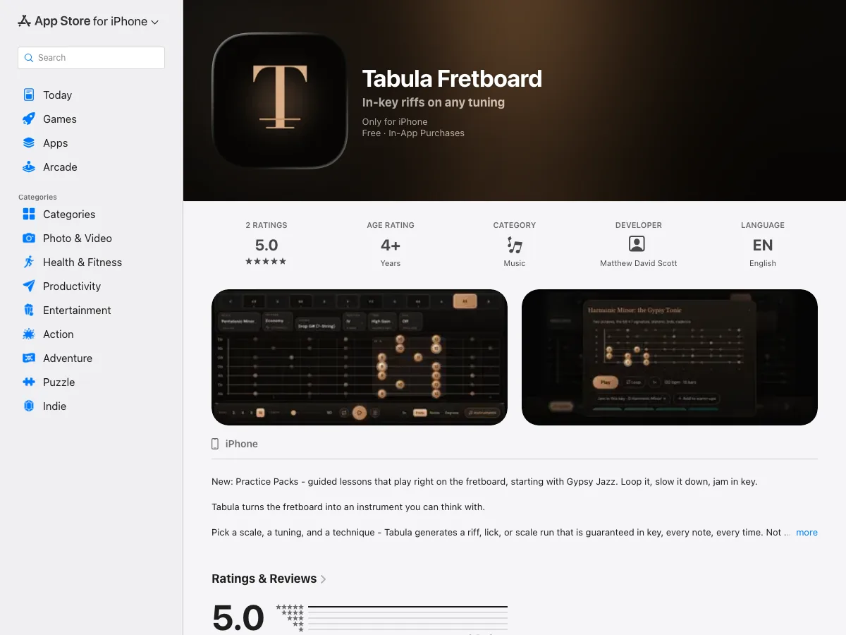 The Tabula Fretboard App Store listing - "In-key riffs on any tuning" with two in-app screenshots of the fretboard interface.