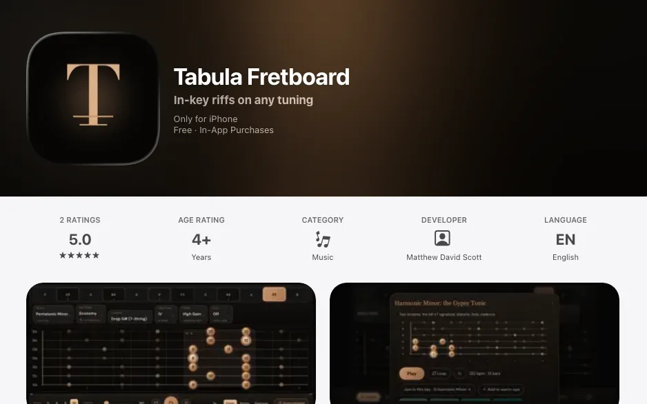 The Tabula Fretboard App Store listing - "In-key riffs on any tuning" with two in-app screenshots of the fretboard interface.