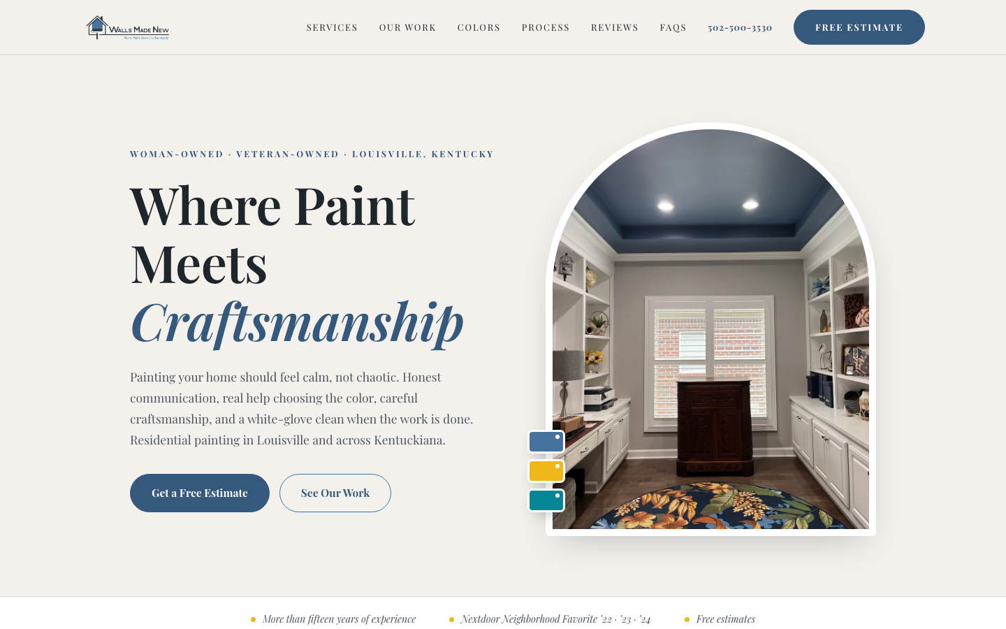 The delivered Walls Made New homepage - "Where Paint Meets Craftsmanship" beside a photograph of a finished room, with woman-owned and veteran-owned stated in the first line.