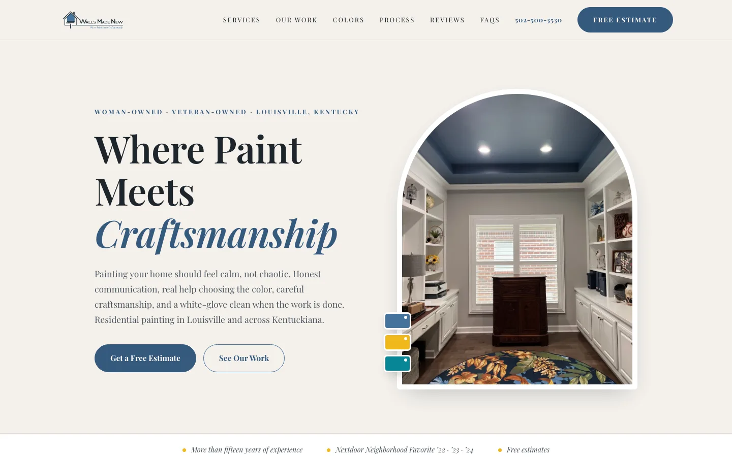 The delivered Walls Made New homepage - "Where Paint Meets Craftsmanship" beside a photograph of a finished room, with woman-owned and veteran-owned stated in the first line.
