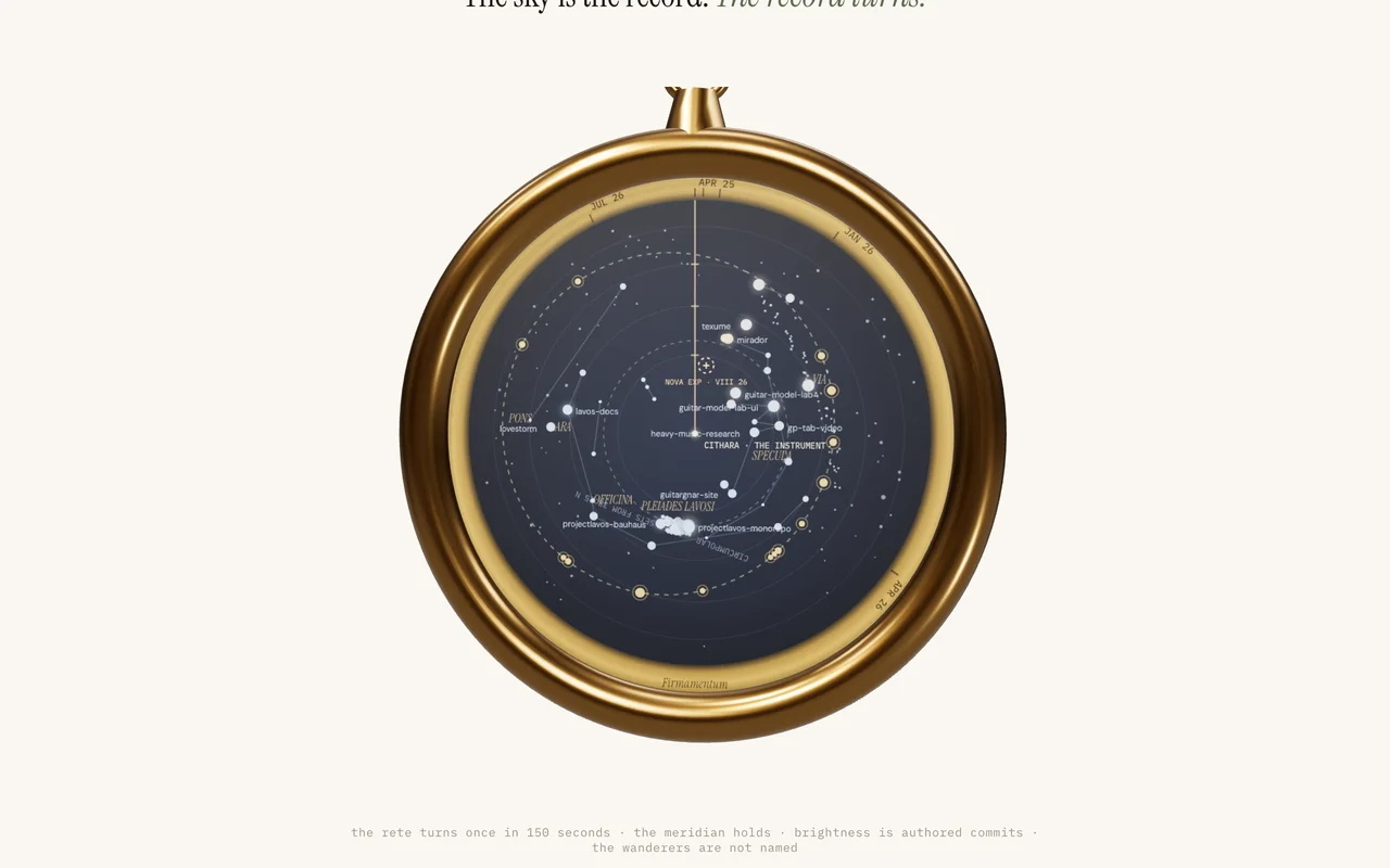 Firmamentum - a brass planisphere charting the studio's work as constellations, on desktop.