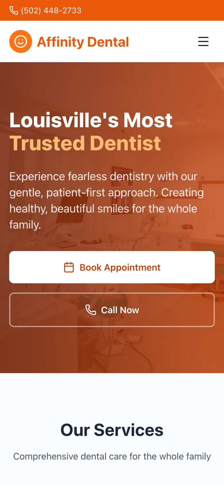 Affinity Dental - the same site on a phone.