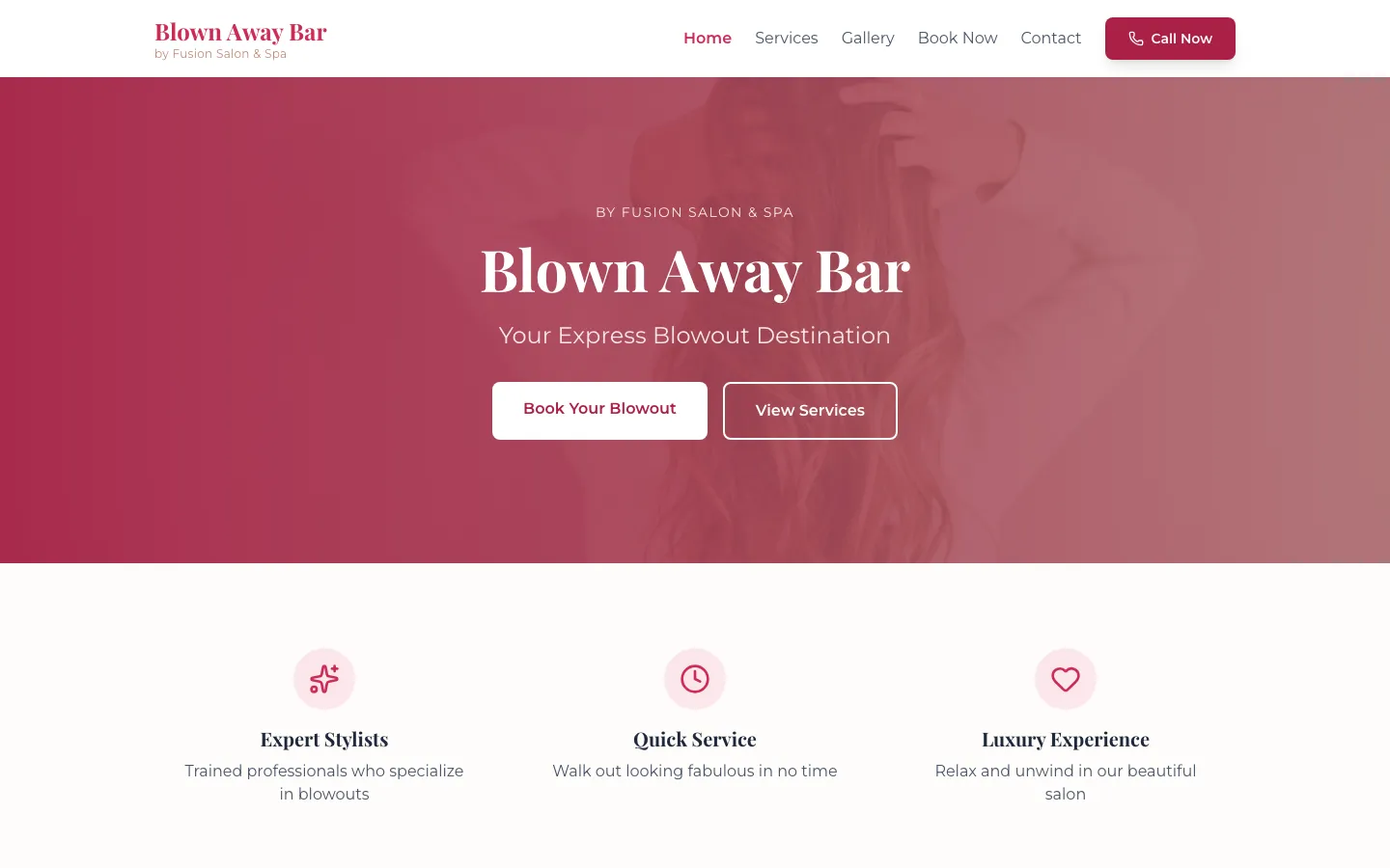 Blown Away Blow Dry Bar — the shipped site on desktop.