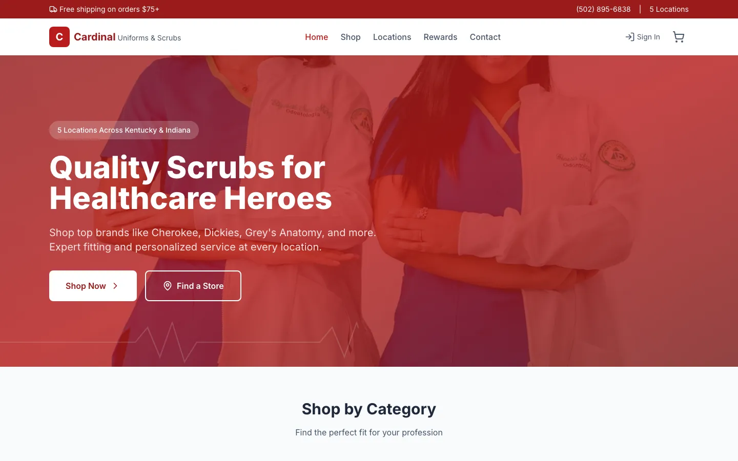 Cardinal Uniforms — the shipped site on desktop.