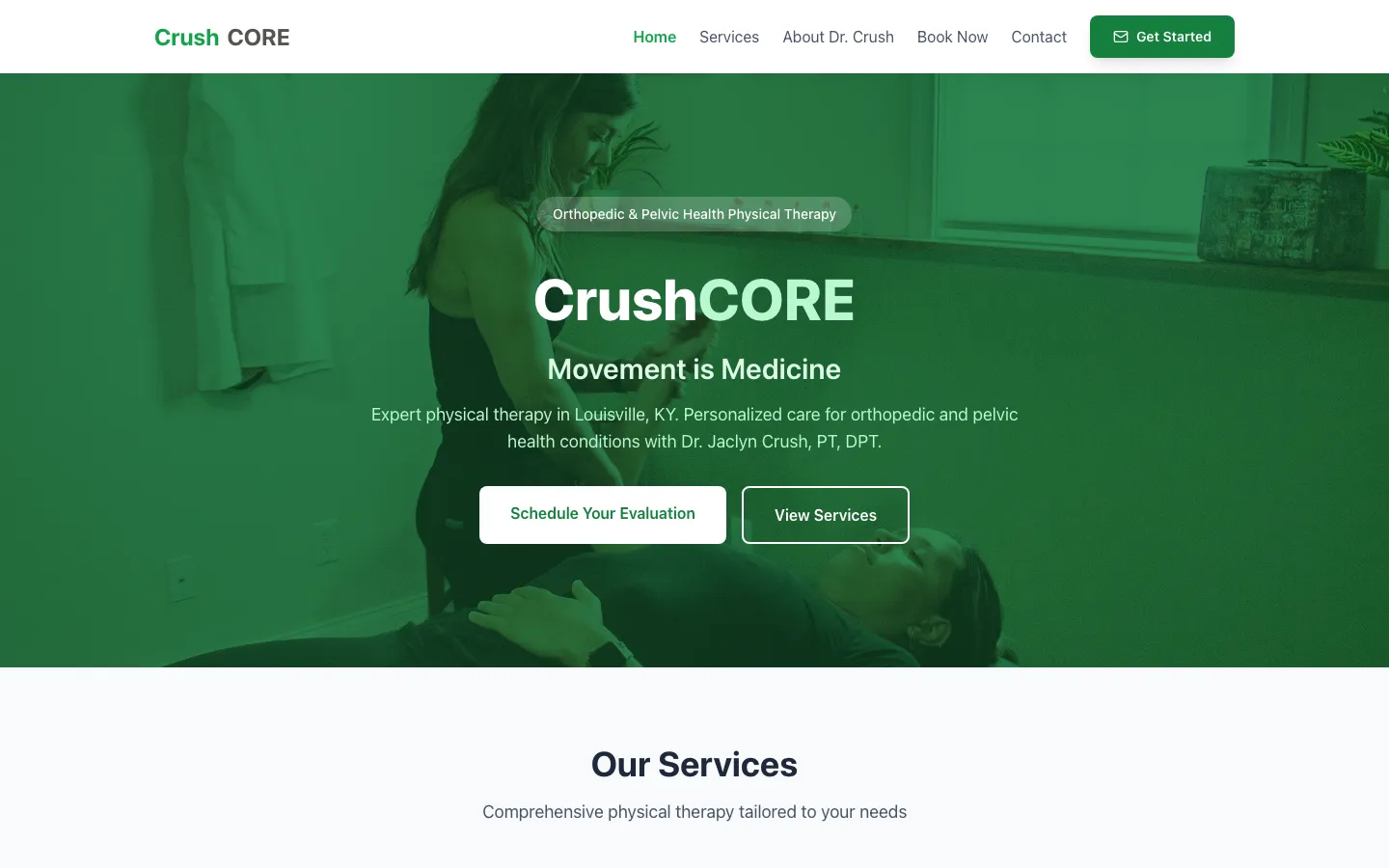 CrushCORE Physical Therapy — the shipped site on desktop.