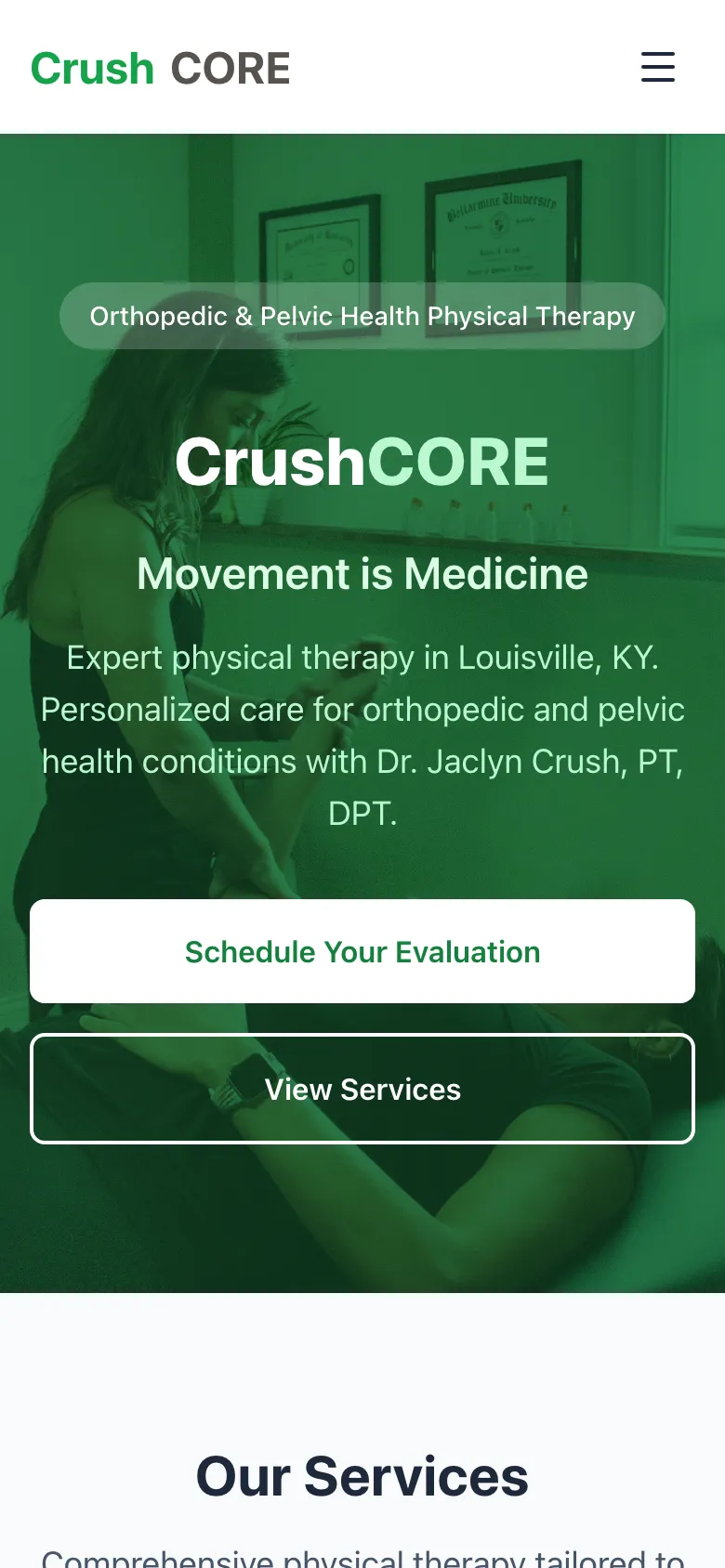 CrushCORE Physical Therapy - the same site on a phone.