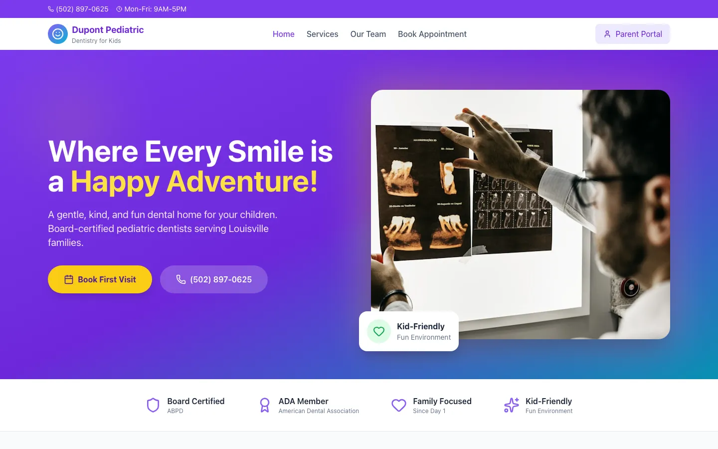 DuPont Pediatric Dentistry — the shipped site on desktop.