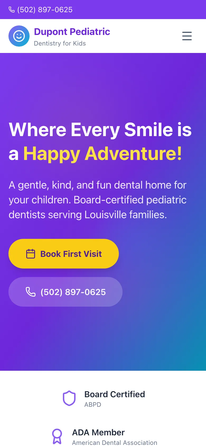 DuPont Pediatric Dentistry - the same site on a phone.