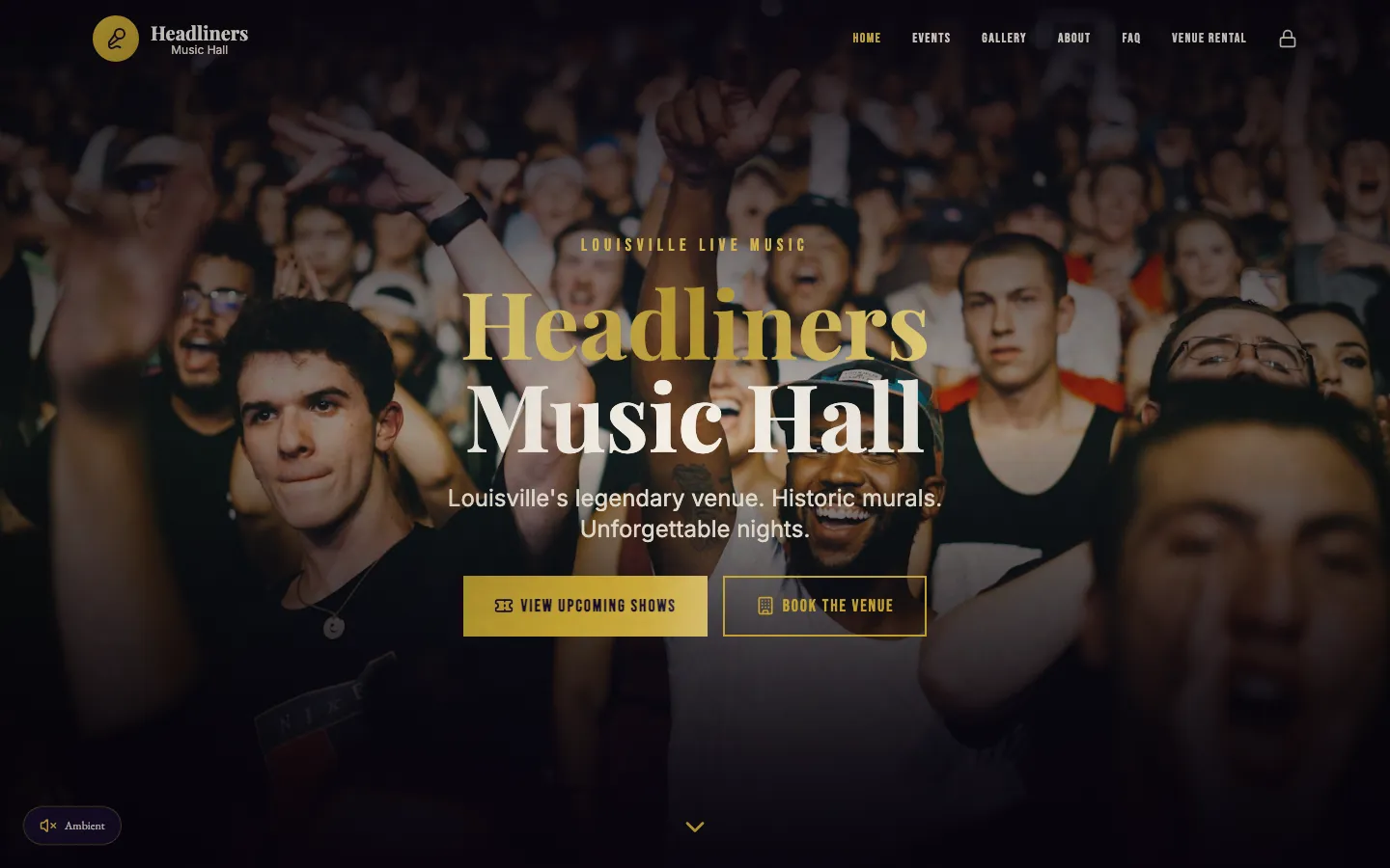 Headliners Music Hall — the shipped site on desktop.
