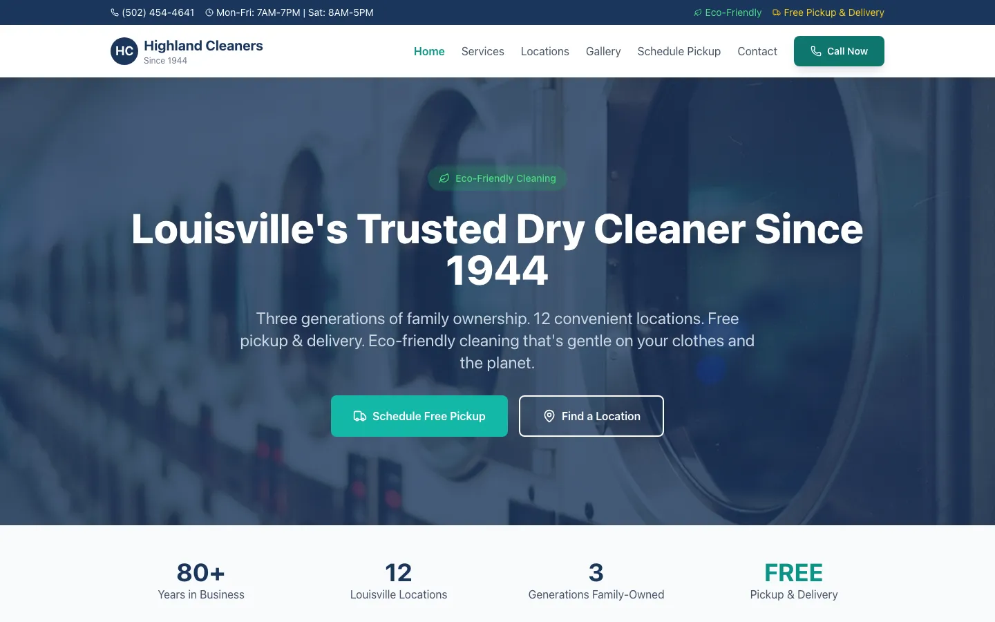 Highland Cleaners — the shipped site on desktop.