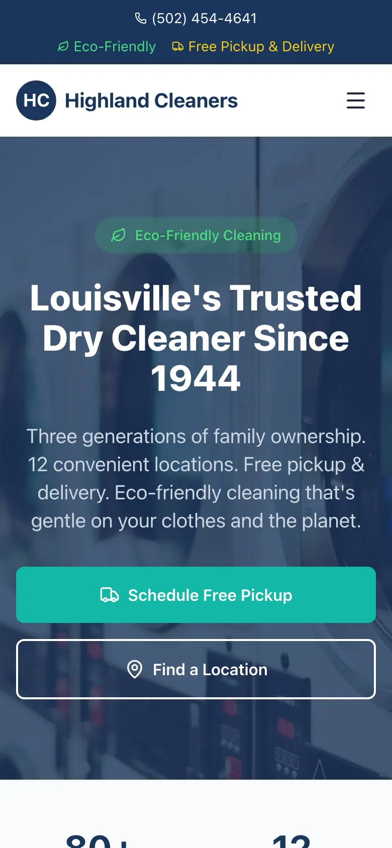 Highland Cleaners - the same site on a phone.