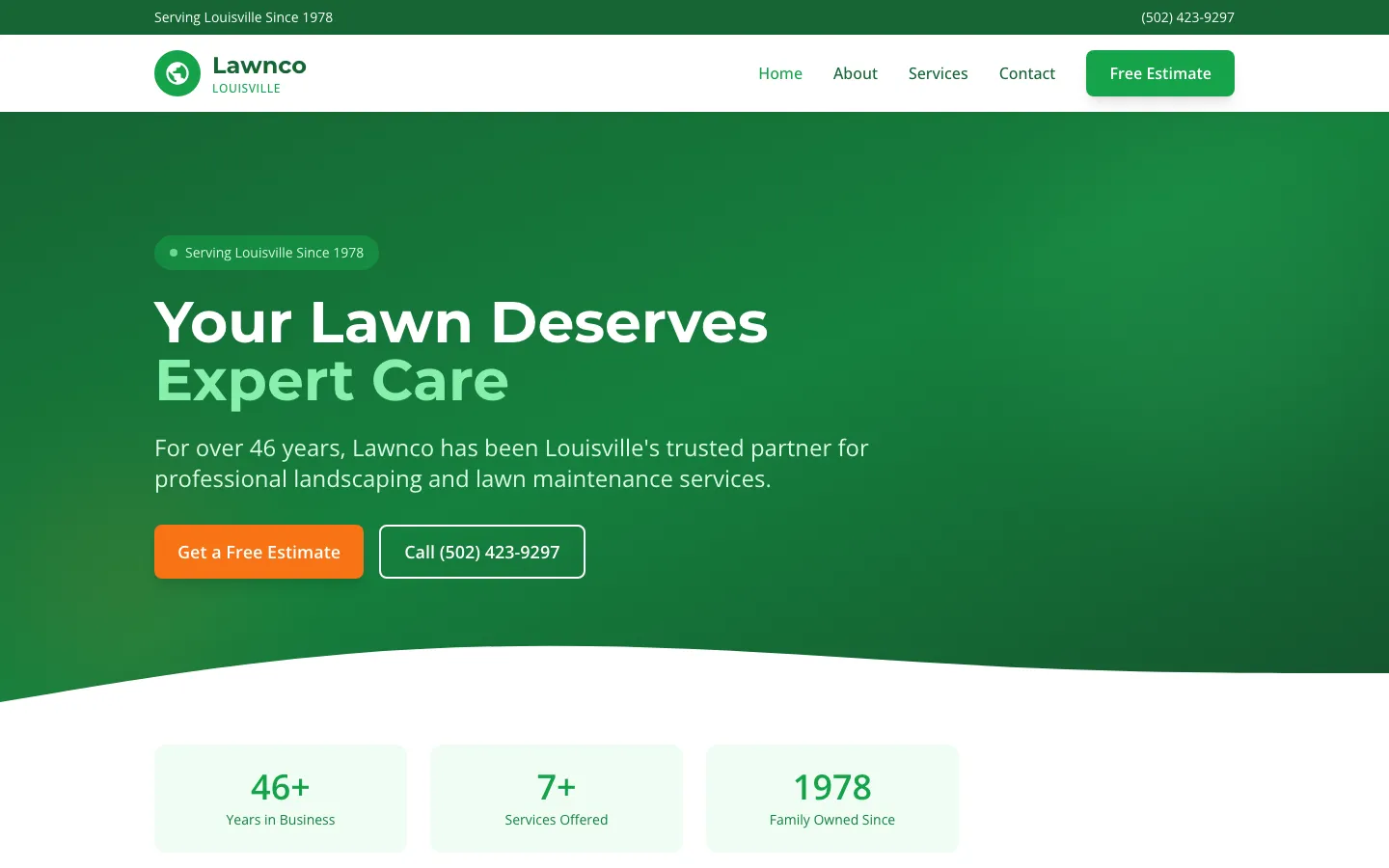 LawnCo — the shipped site on desktop.