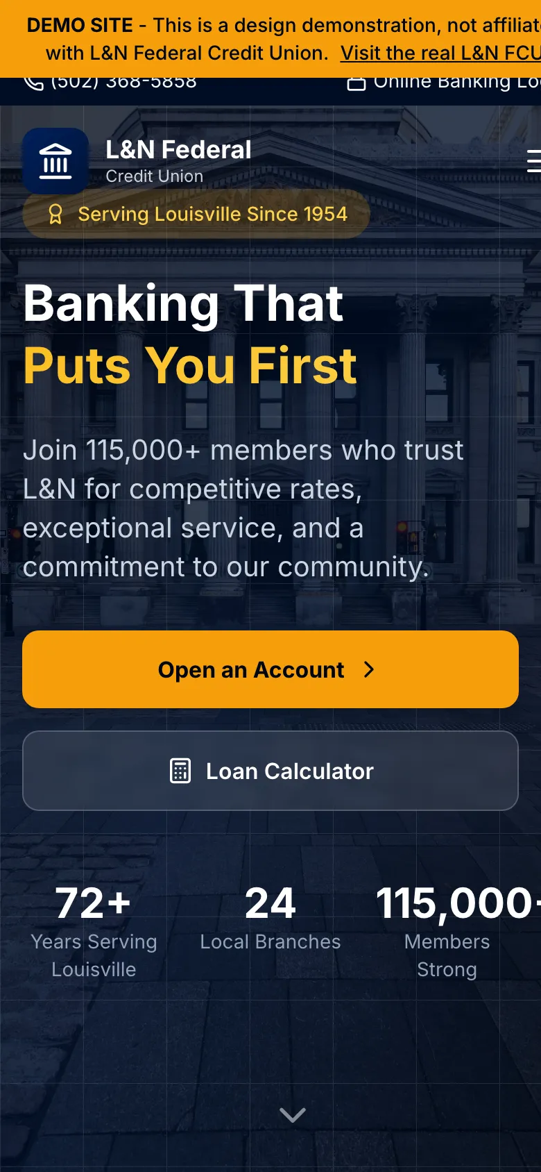 L&N Federal Credit Union - the same site on a phone.