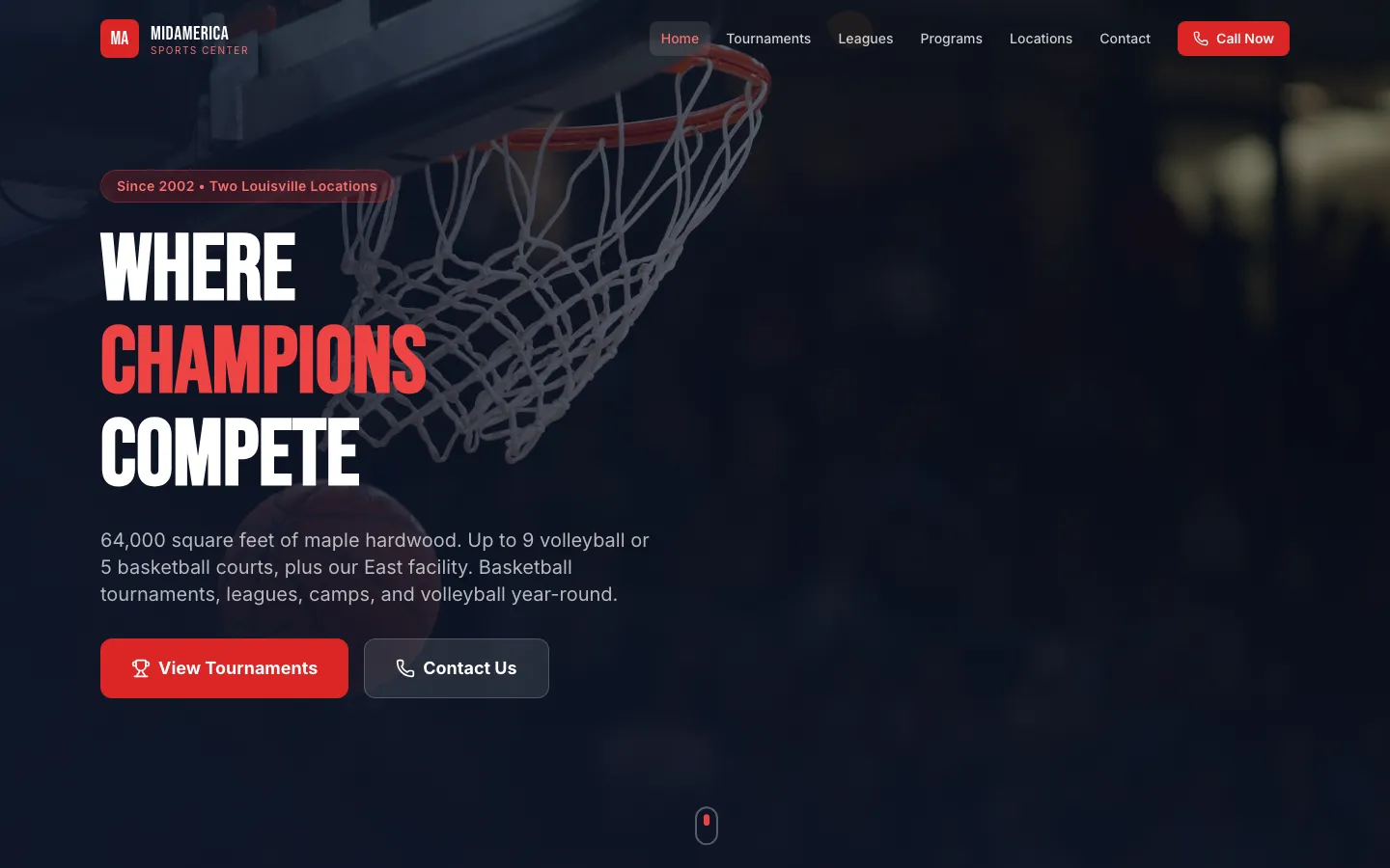 MidAmerica Sports Center — the shipped site on desktop.