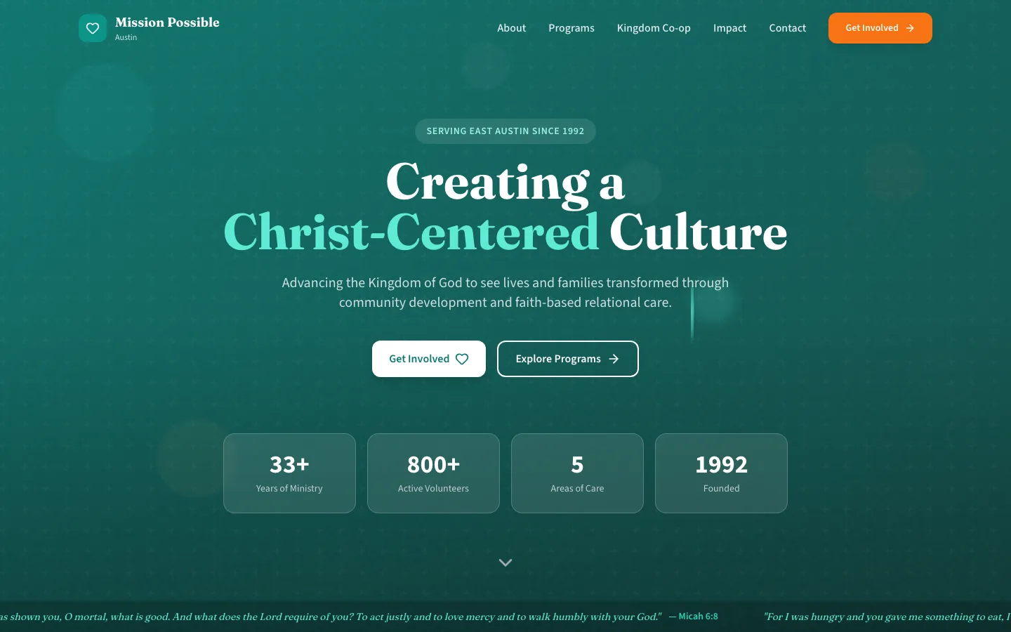 Mission Possible — the shipped site on desktop.