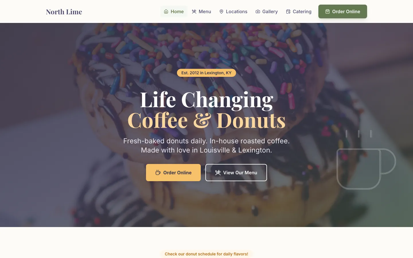 North Lime Coffee & Donuts — the shipped site on desktop.
