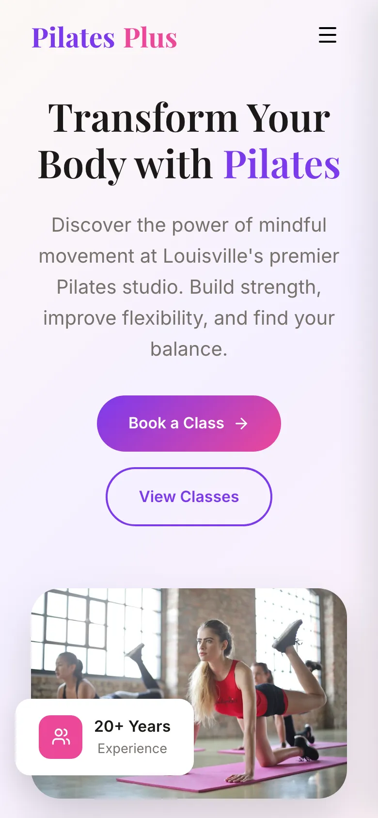 Pilates Plus - the same site on a phone.
