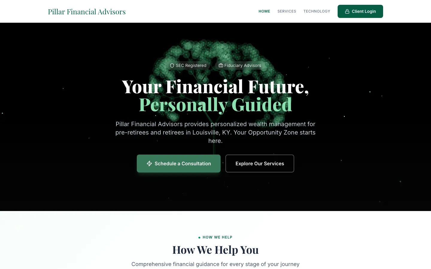 Pillar Financial Advisors — the shipped site on desktop.