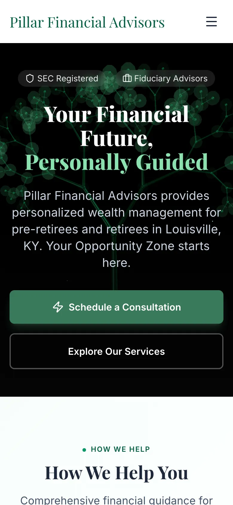 Pillar Financial Advisors - the same site on a phone.