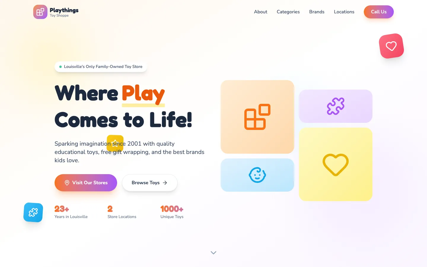 Playthings Toy Shoppe — the shipped site on desktop.