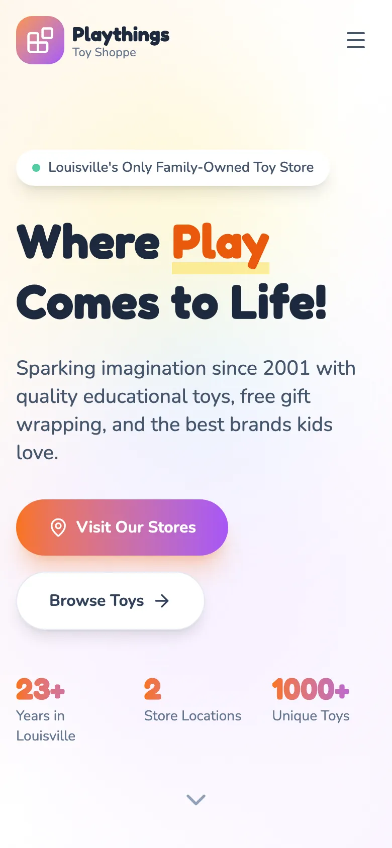 Playthings Toy Shoppe - the same site on a phone.