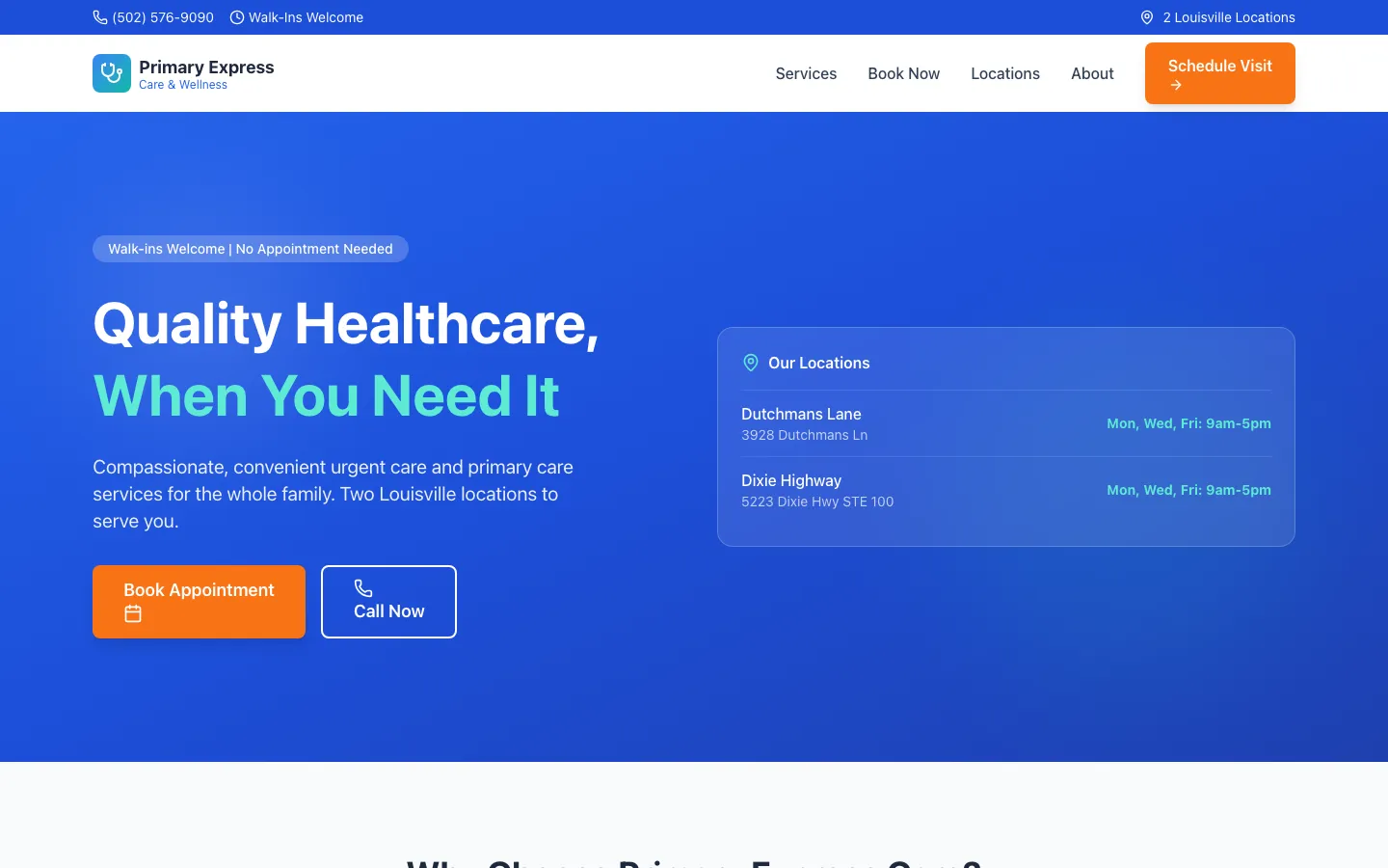 Primary Express Care — the shipped site on desktop.