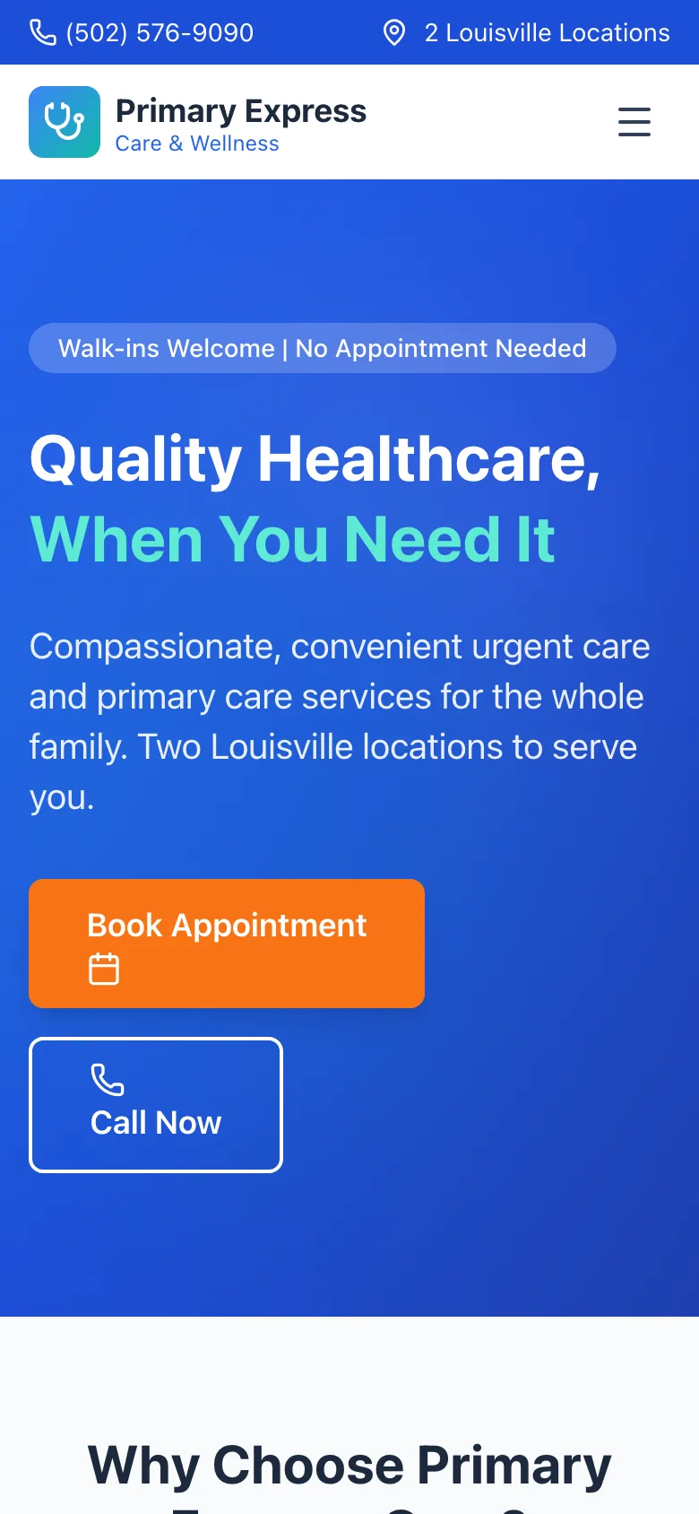 Primary Express Care - the same site on a phone.