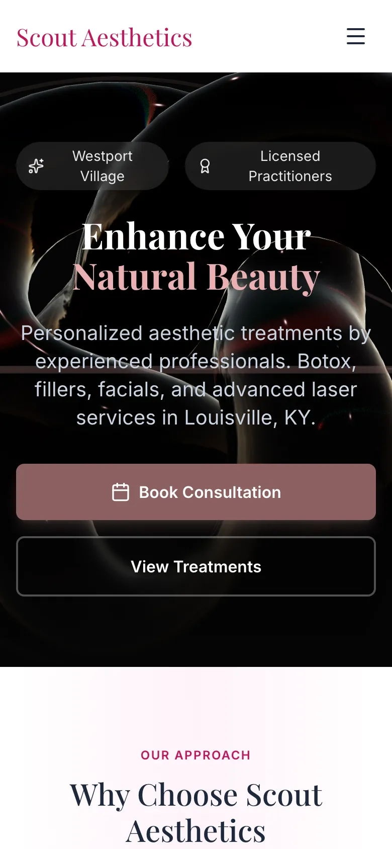 Scout Aesthetics - the same site on a phone.