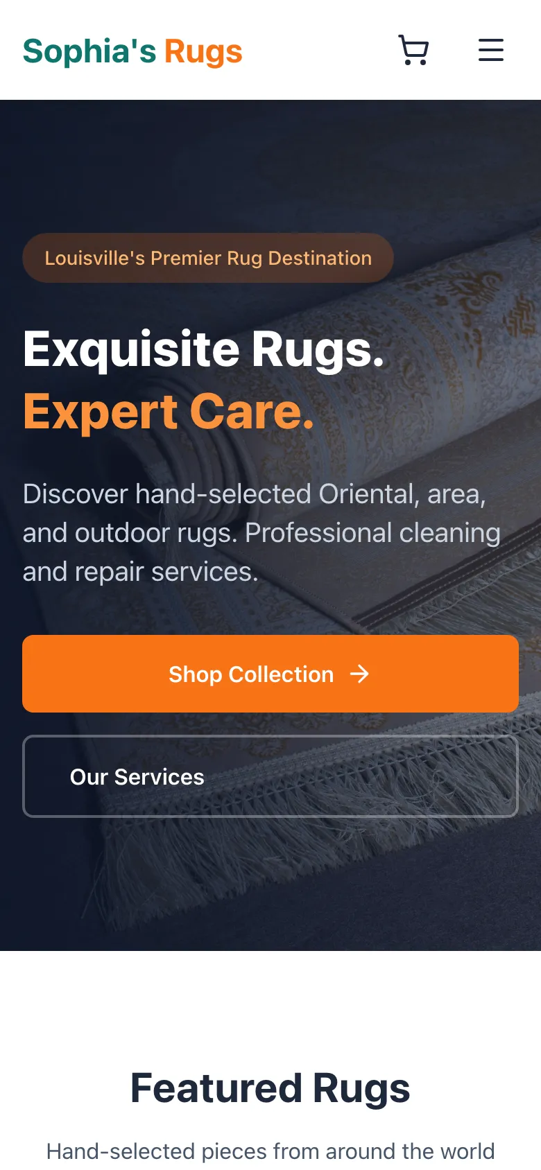 Sophia's Rugs - the same site on a phone.
