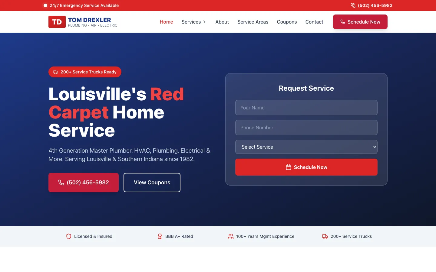 Tom Drexler Plumbing — the shipped site on desktop.