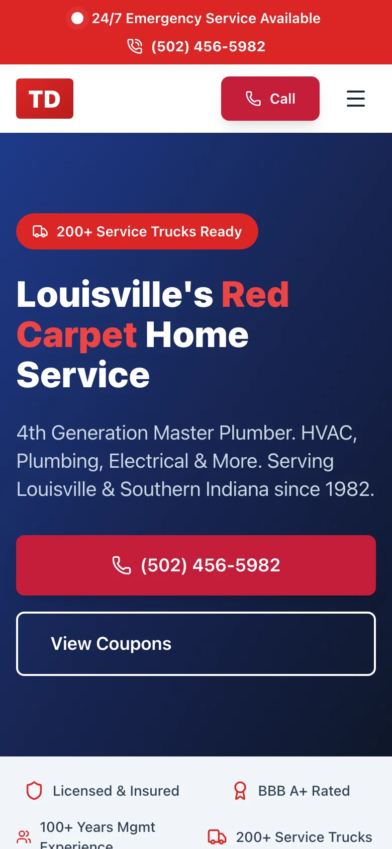 Tom Drexler Plumbing - the same site on a phone.