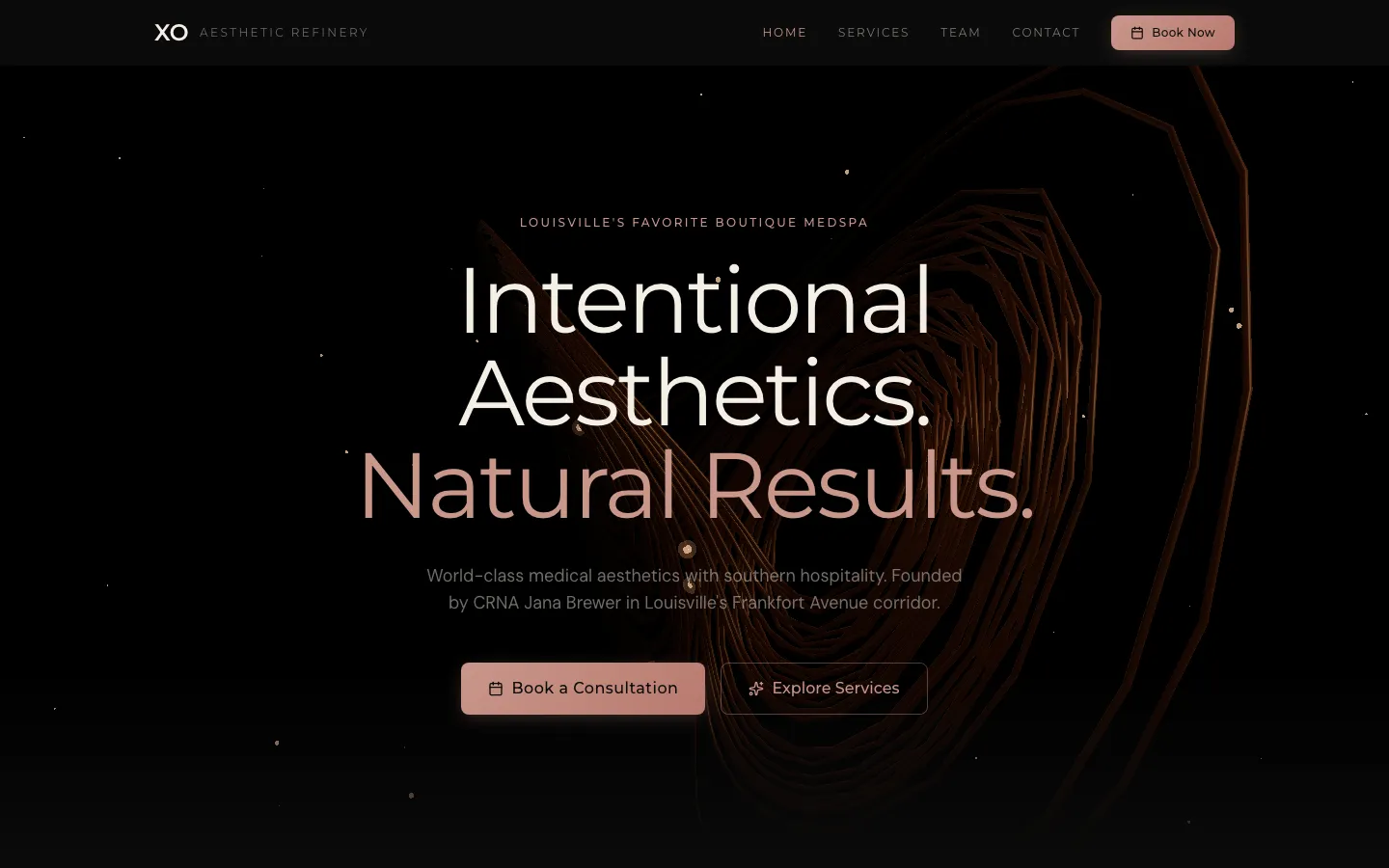 XO Aesthetic Refinery — the shipped site on desktop.