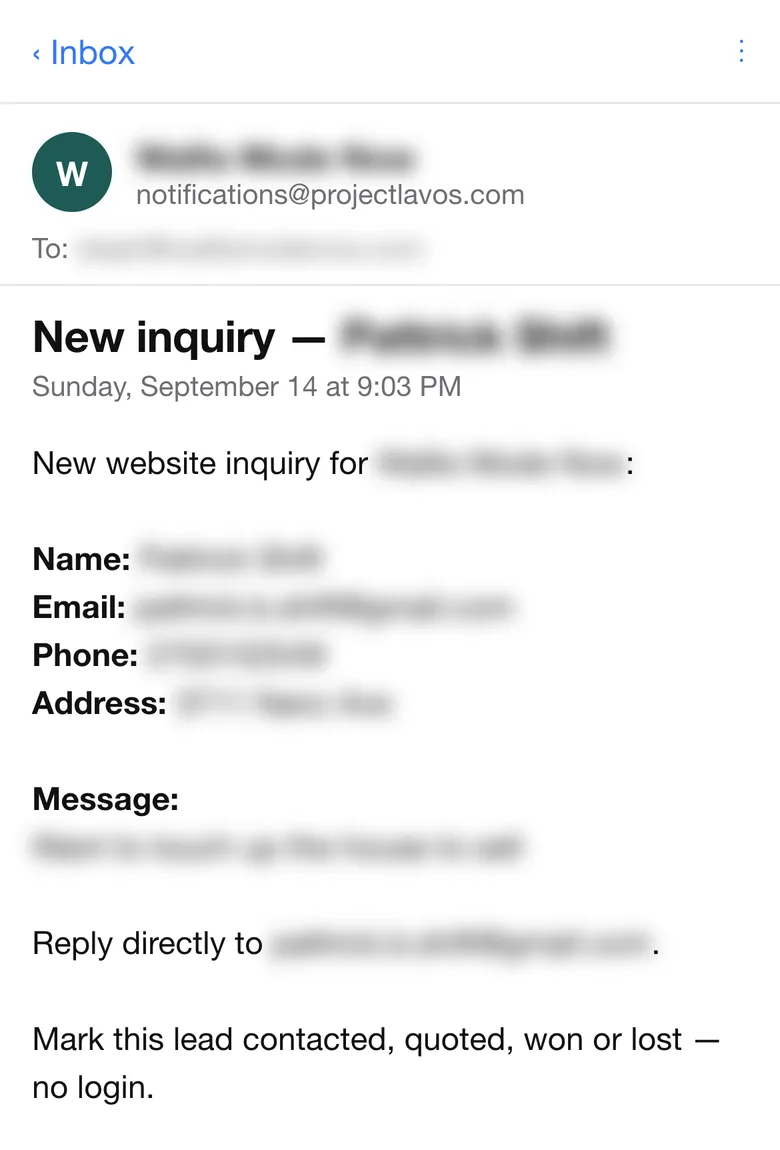 A phone showing a client's email inbox with one message open: a new website inquiry notification sent by the client's site, received Sunday, September 14 at 9:03 PM. The sender's name, email, phone, address and message are blurred.