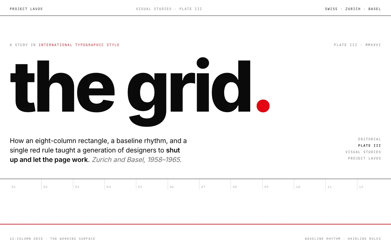 The Grid — Swiss typographic specimen on desktop.